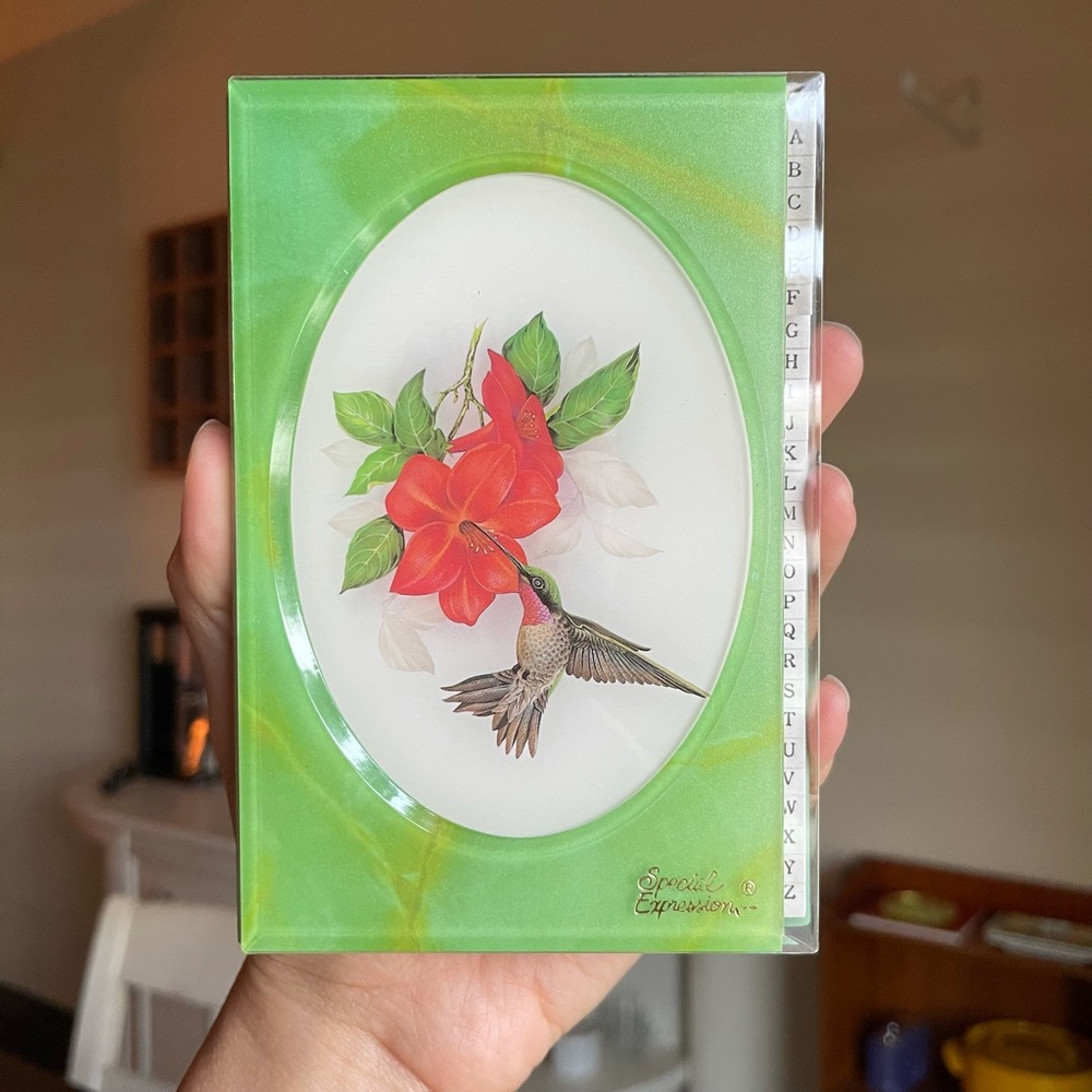 Vintage Green Lucite Hummingbird Hibiscus Phone Address Book Note Pad Journal